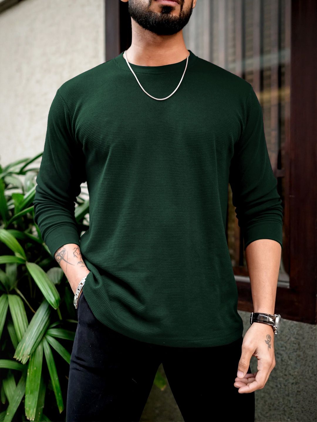 Mast & Harbour Round Neck Long Sleeves Cotton Regular Fit T-shirt