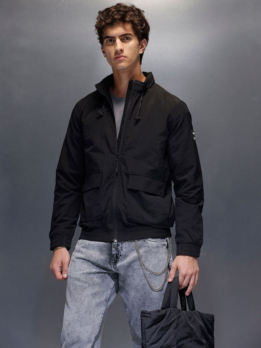 WROGN Men Solid Mock Collar Bomber Jacket