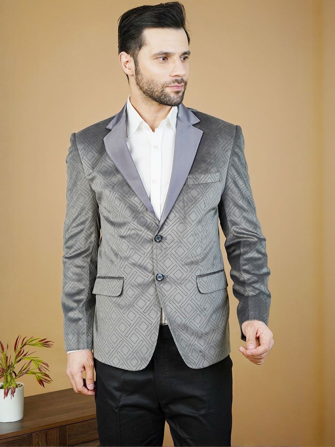 Wintage Geometric Printed Notched Lapel Single Breasted Blazer