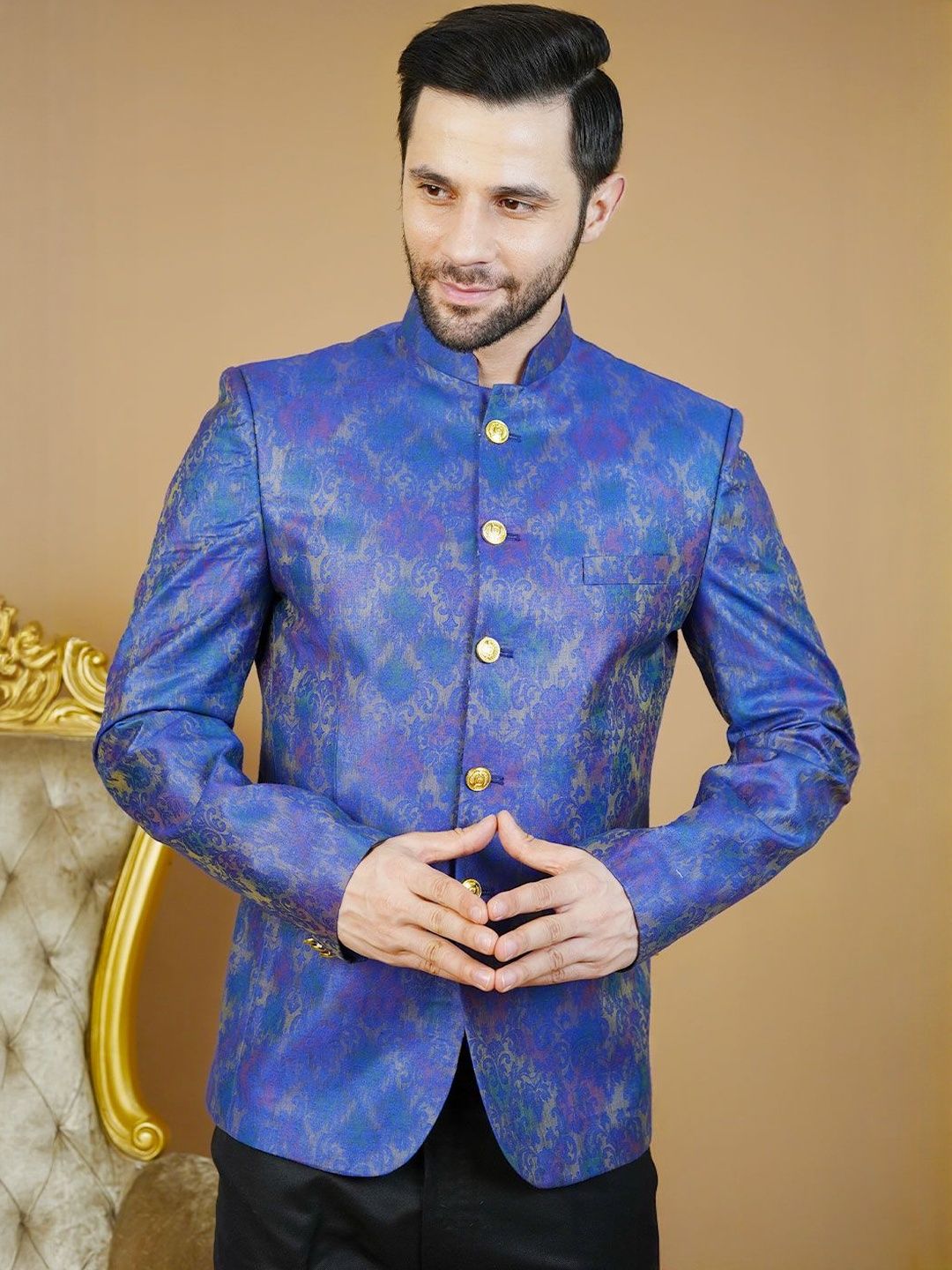 Wintage Self-Design Mandarin Collar Bandhgala Blazer