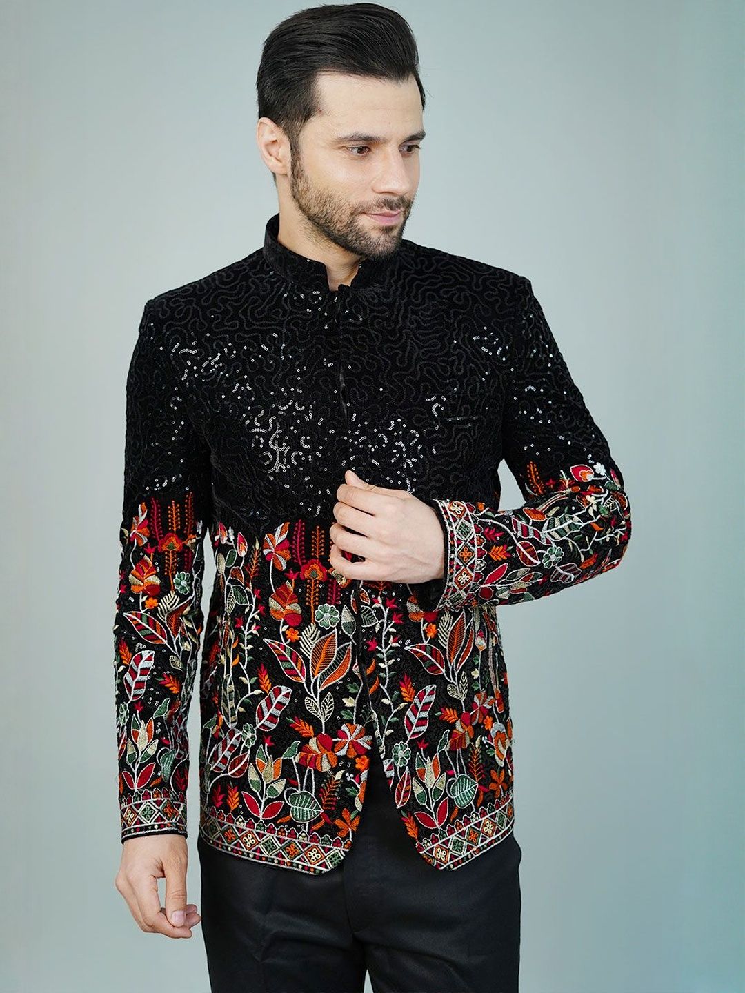 Wintage Wintage Self Design Embroidered Mandarin Collar Black Bandhgala Blazer