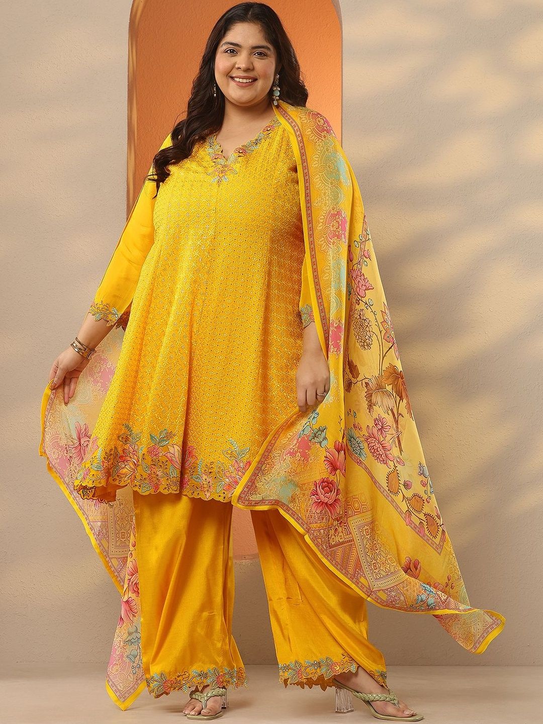 EXTRA LOVE BY LIBAS Embroidered Thread Work Plus Size A-Line Kurta With Palazzos & Dupatta