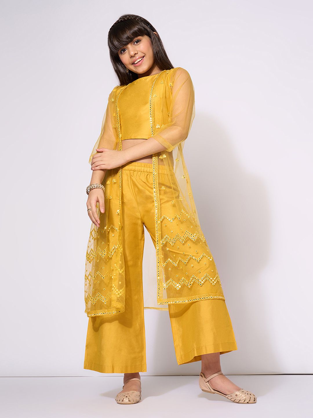 AKKRITI BY PANTALOONS Girls Mirror Work Kurta with Palazzos & Jacket