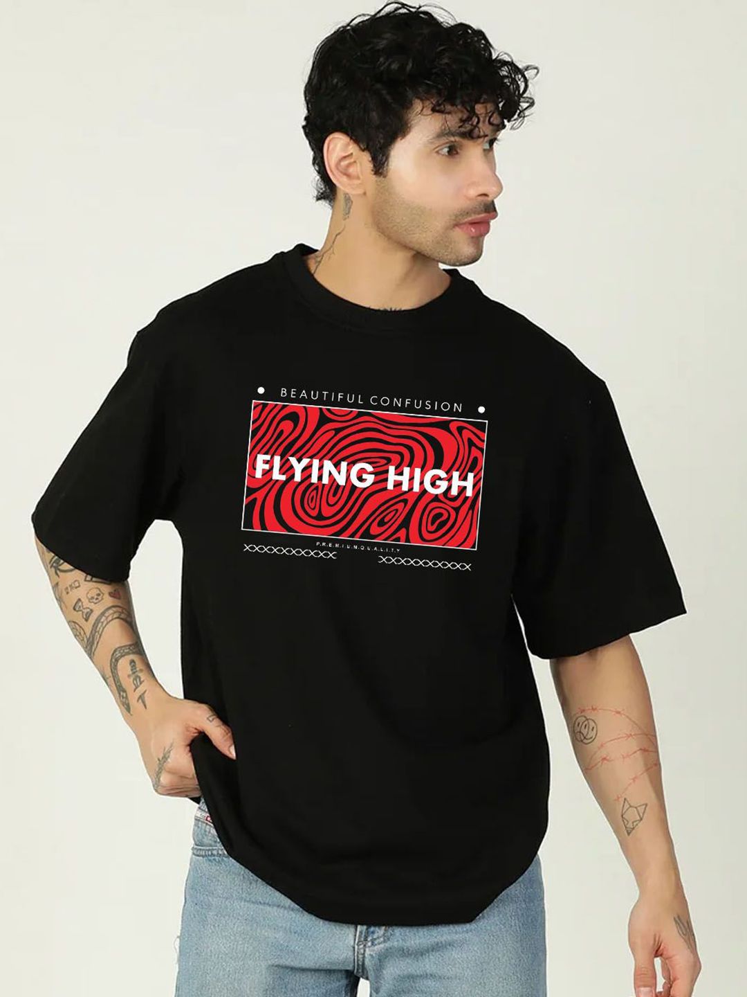 Moda Rapido Men Black Typography Printed Pure Cotton oversized Tshirt