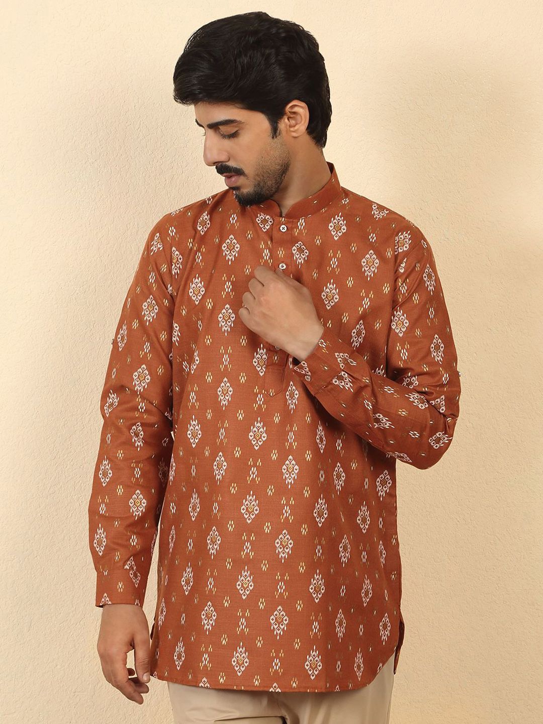KRAFT INDIA Cotton Blend Printed Rust Short Kurta