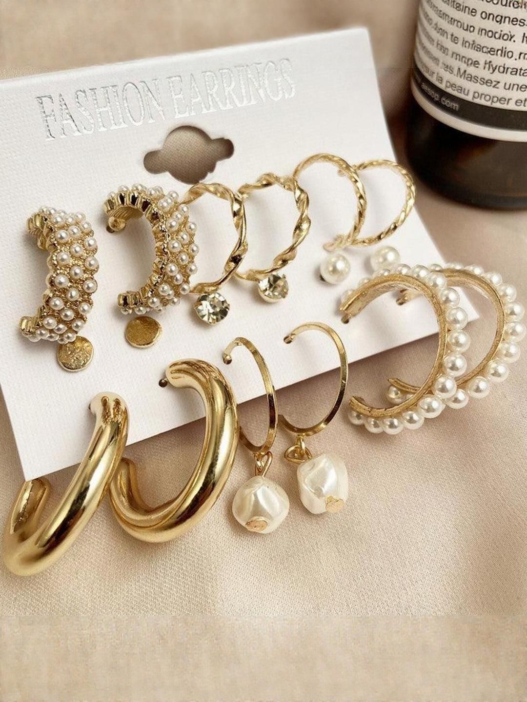 Zaphariq Set Of 9 Gold-Plated Pearls Studded Circular Hoop Earrings