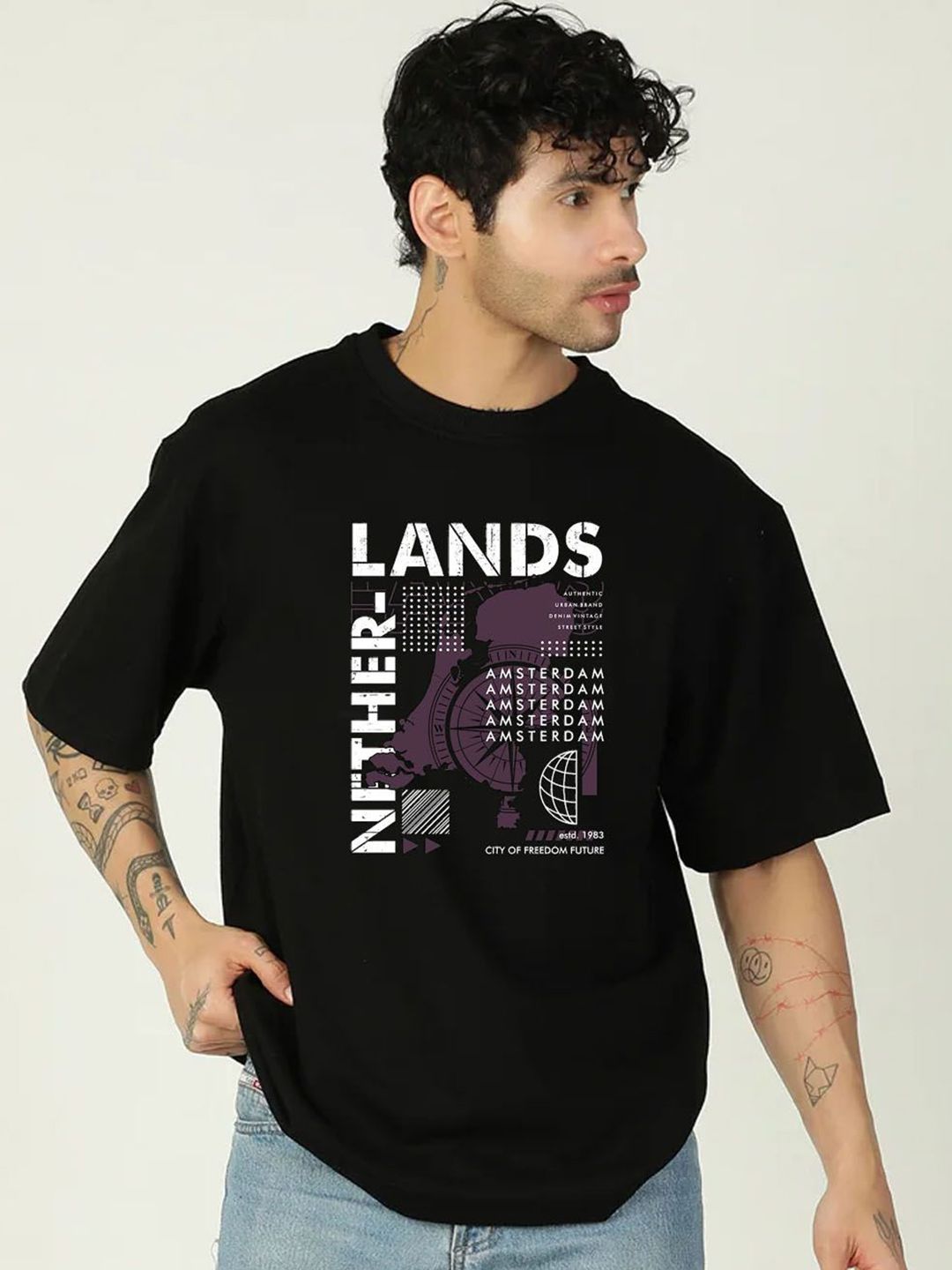 Moda Rapido Men Black Printed Drop-Shoulder Sleeves Pure Cotton oversized Tshirt
