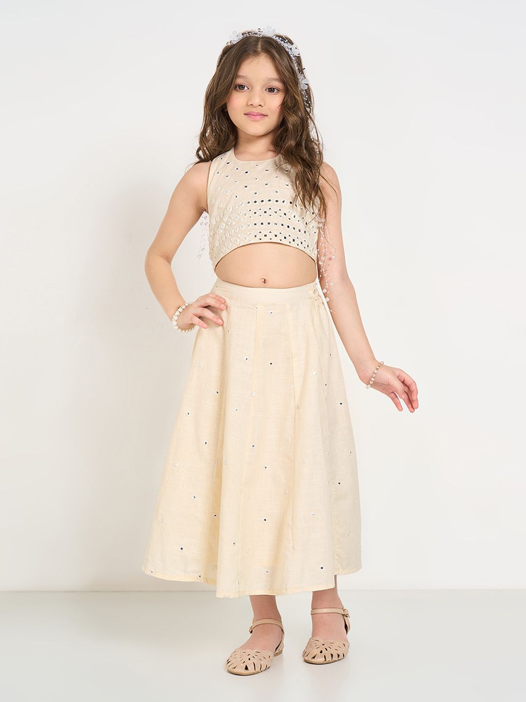 AKKRITI BY PANTALOONS Girls Embroidered Sequinned Ready To Wear Cotton Lehenga & Choli