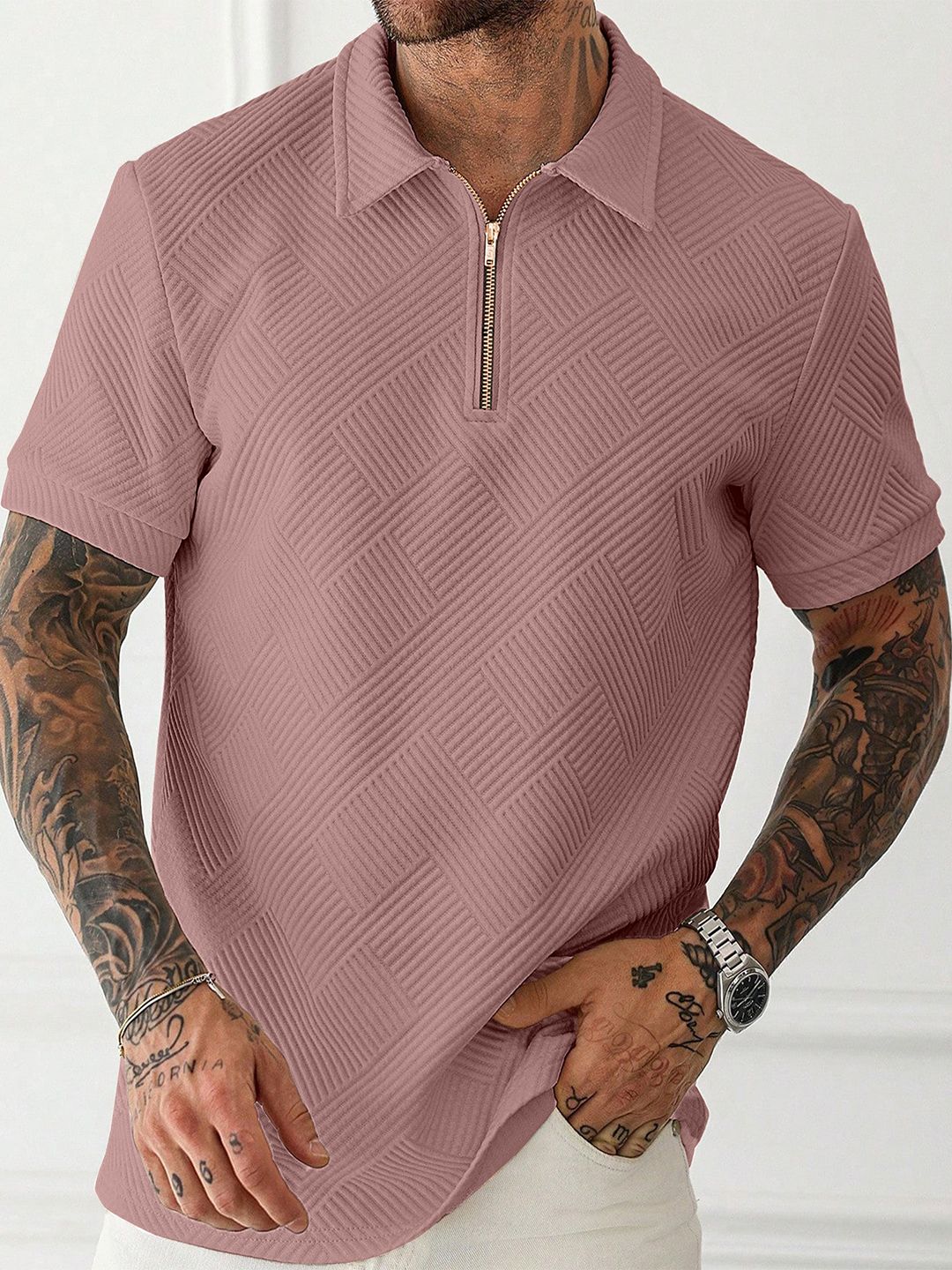 KAJARU Men Self Design Polo Collar T-shirt