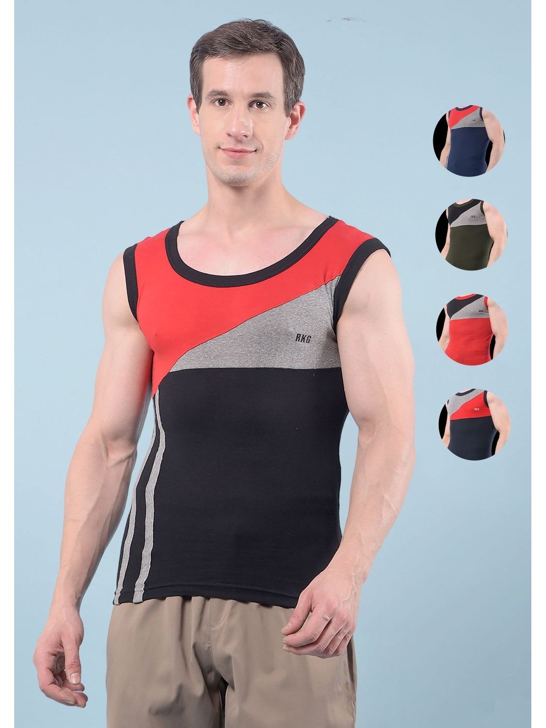 RKG Men Pack Of 5 Colorblocked Cotton Round Neck Gym Vests