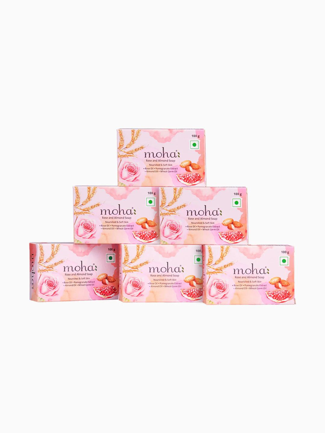 moha Set of 6 Rose and Almond Soap Nourishing Soap for Soft Radiant Skin- 100g Each