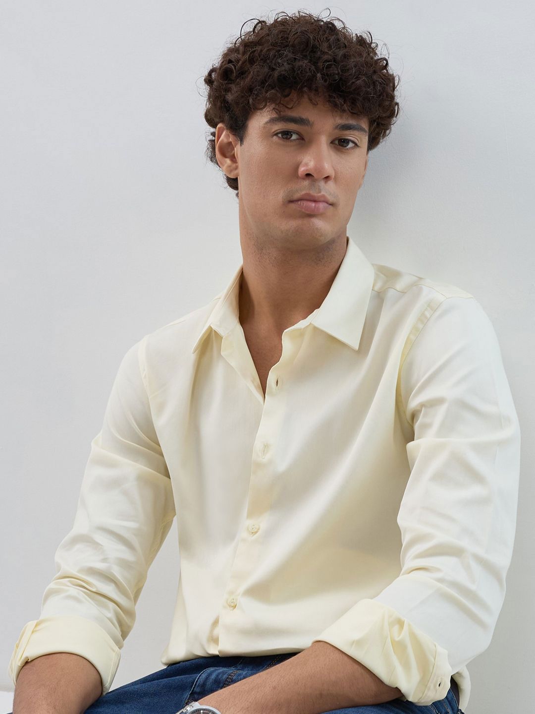 HERE&NOW Men Solid Spread Collar Cotton Casual Shirt