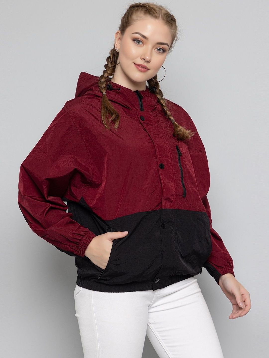 The Roadster Lifestyle Co. Women Hooded Colourblocked Windcheater Tailored Jacket