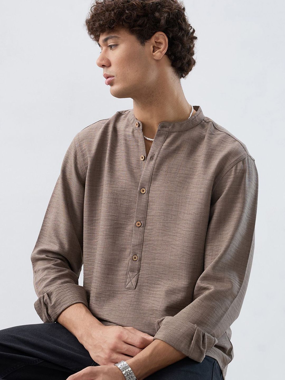 HERE&NOW Band Collar Roll-Up Sleeves Straight Kurta