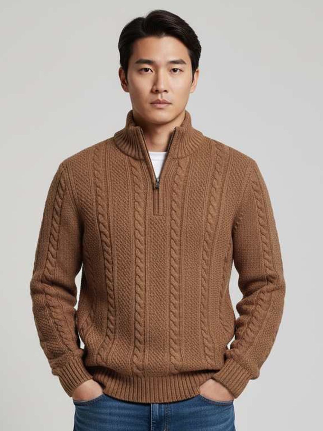 fashlook Men Cable Knit Mock Collar Half Zipper Pullover Sweater
