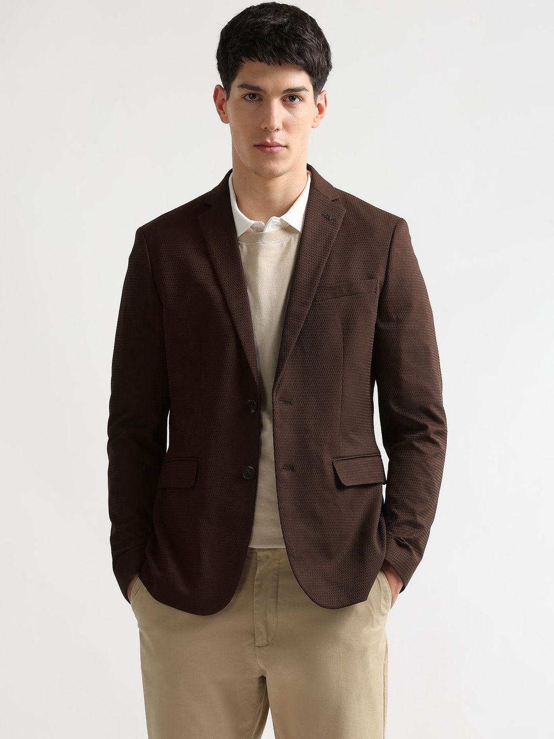 Arrow Self Design Notched Collar Long Sleeves Single Breasted Slim Fit Blazer
