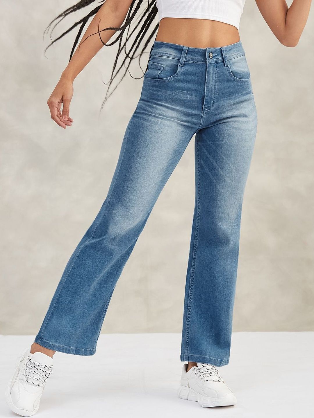 DOLCE CRUDO Women Wide-Leg Mid Rise Clean Look Blast Effect Light Weight Denim Jeans