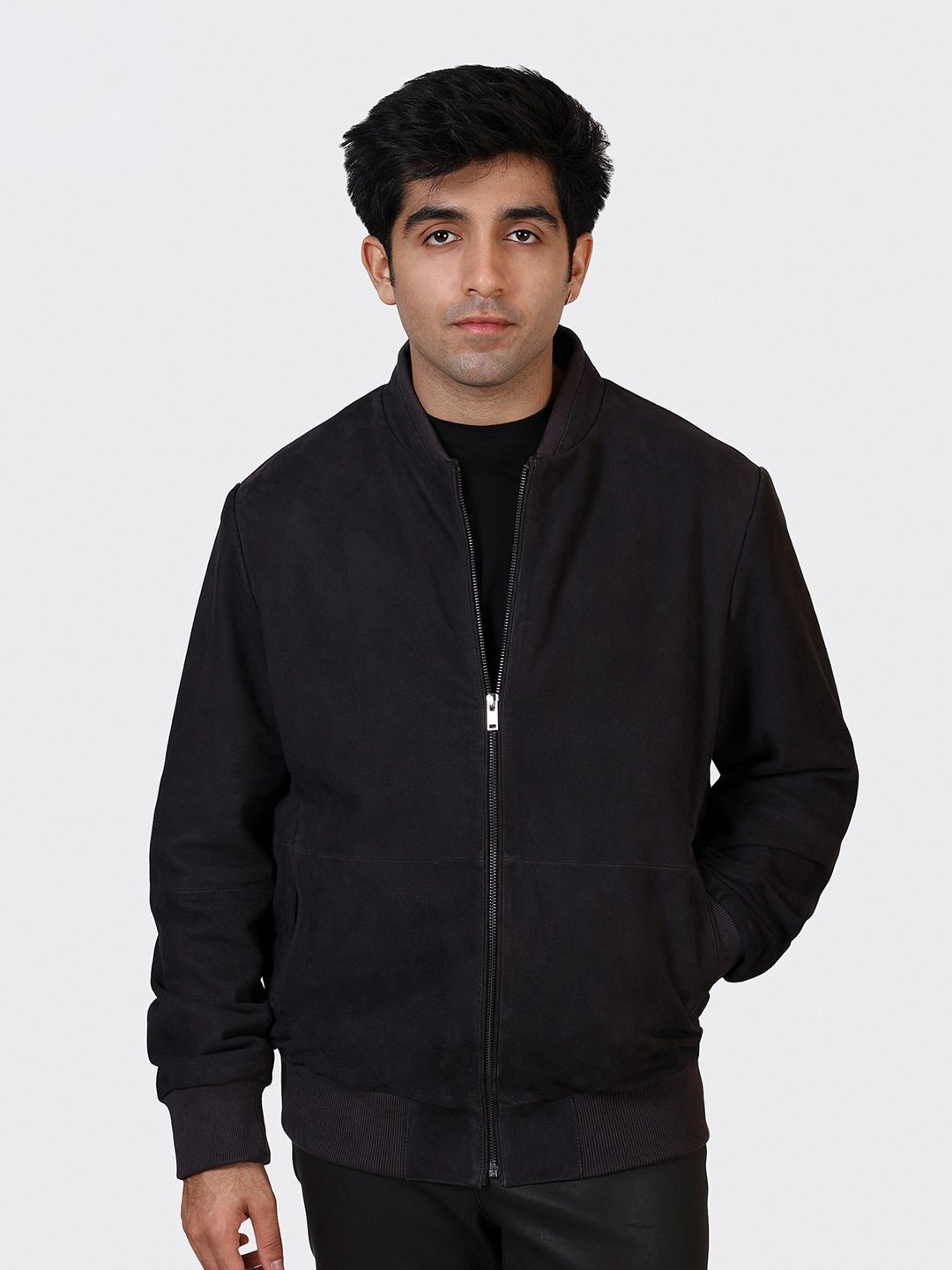 HUE & HIDE Men Stand Collar Solid Checked Bomber Suede Leather Jacket