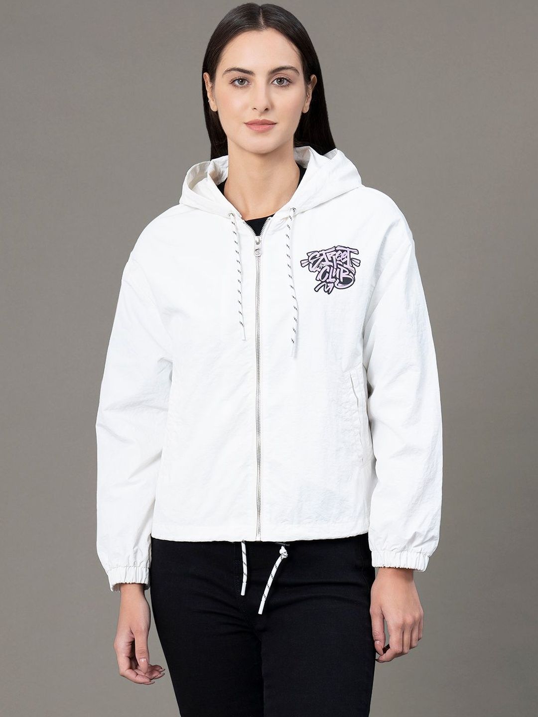 Red Tape Printed Hooded Collar Windcheater Sporty Jacket