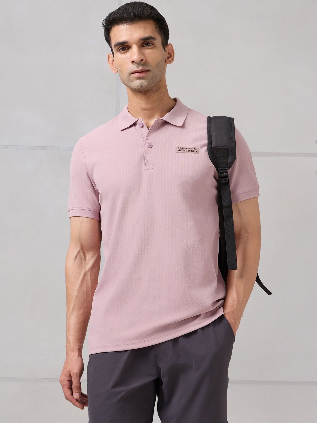 Technosport Men Anti Static Self Design Polo Collar Slim Fit T-shirt