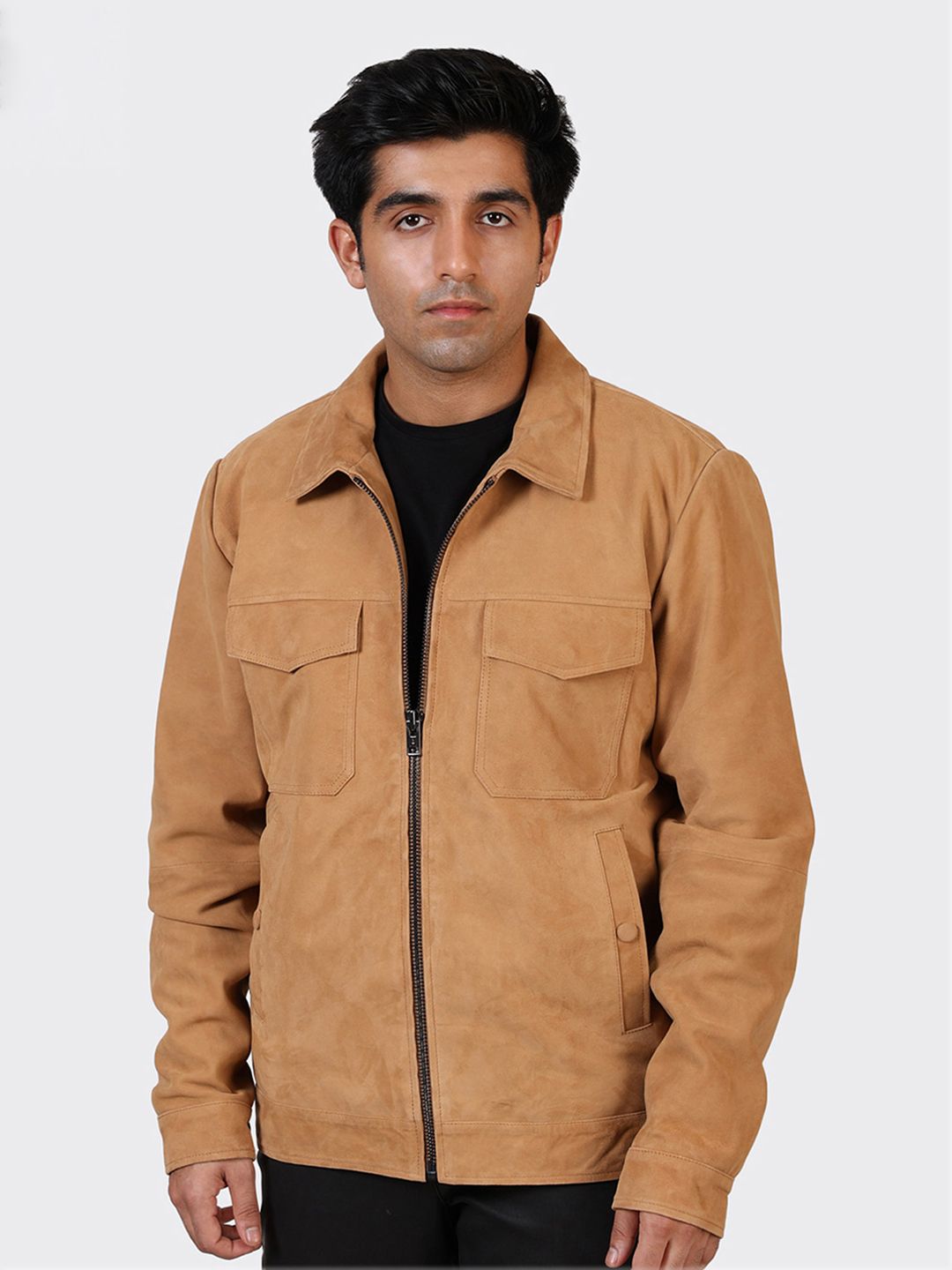 HUE & HIDE Men Solid Spread Collar Suede Leather Tailored Jacket