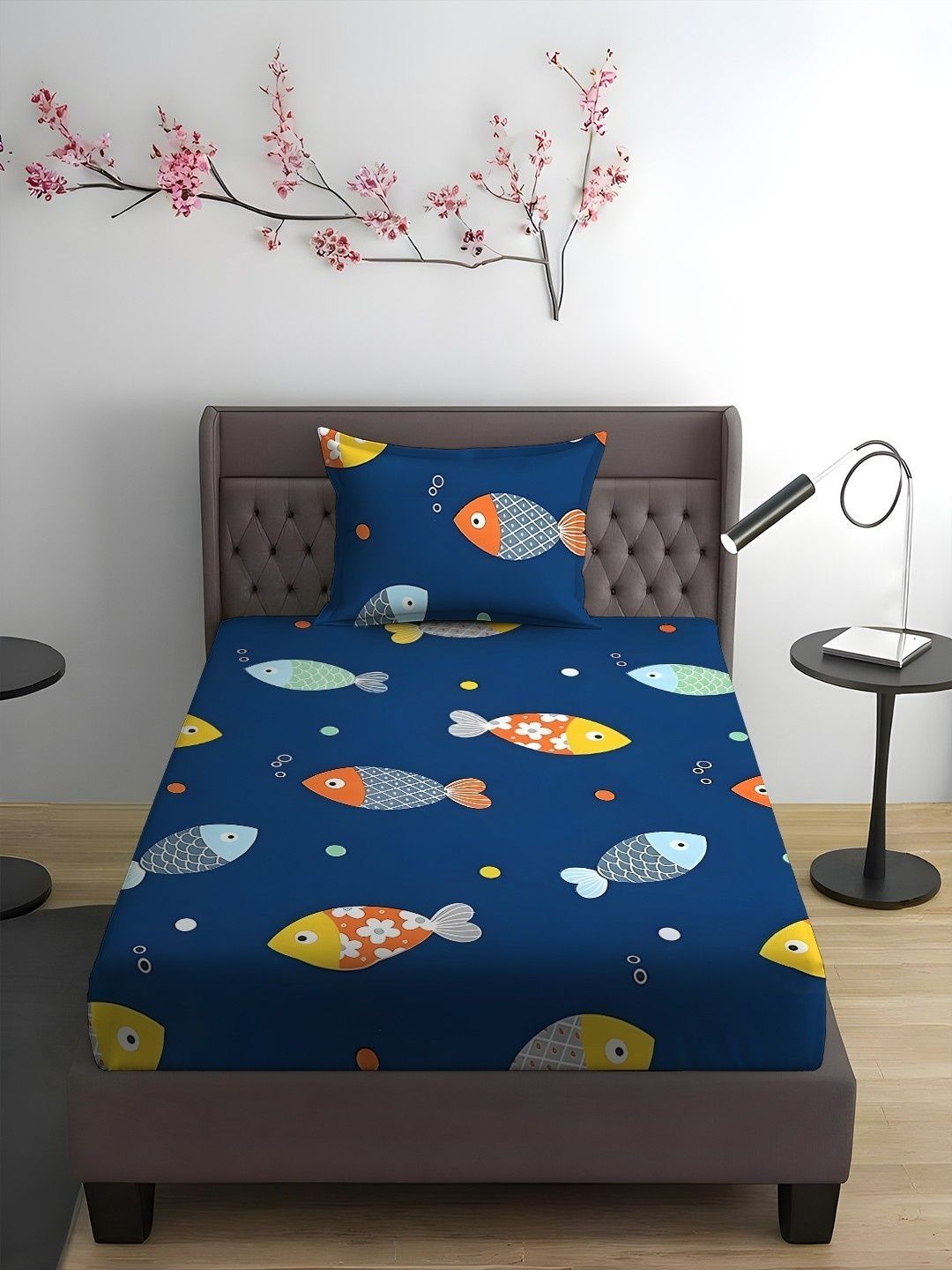 WEAVE AND DECOR WEAVE AND DECOR Navy Blue 300 TC Single Bedsheet with 1 Pillow Covers