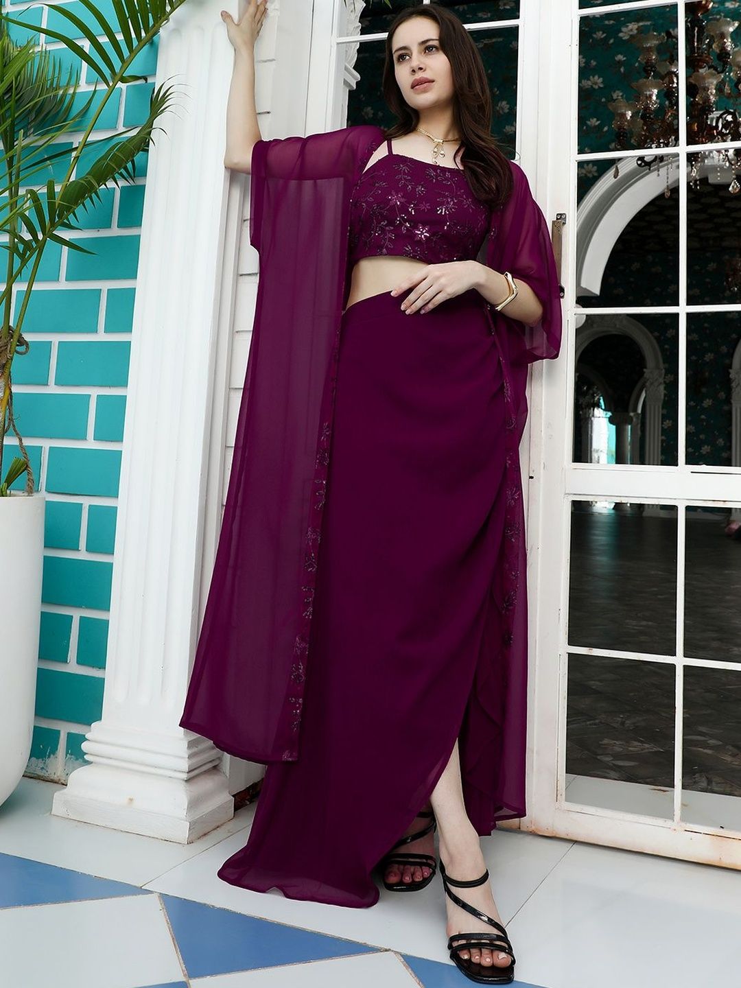 QISSA Women Floral Purple Embroidered Top Shrug & Skirt Co-Ords