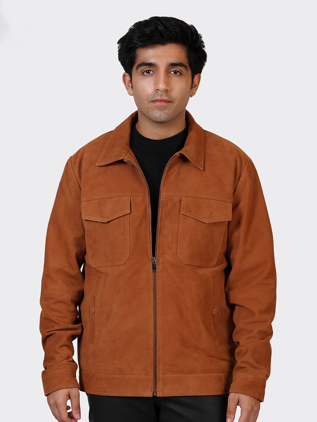 HUE & HIDE Men Spread Collar Solid Tailored Suede Leather Jacket