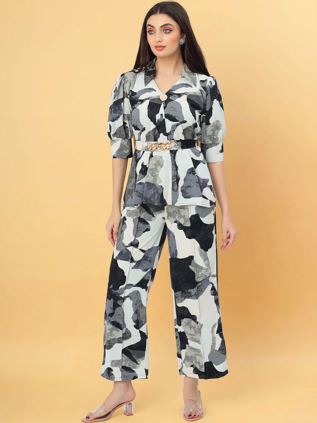 Elara Luxe Women Printed Shirt Collar Top With palazzo Co-Ords