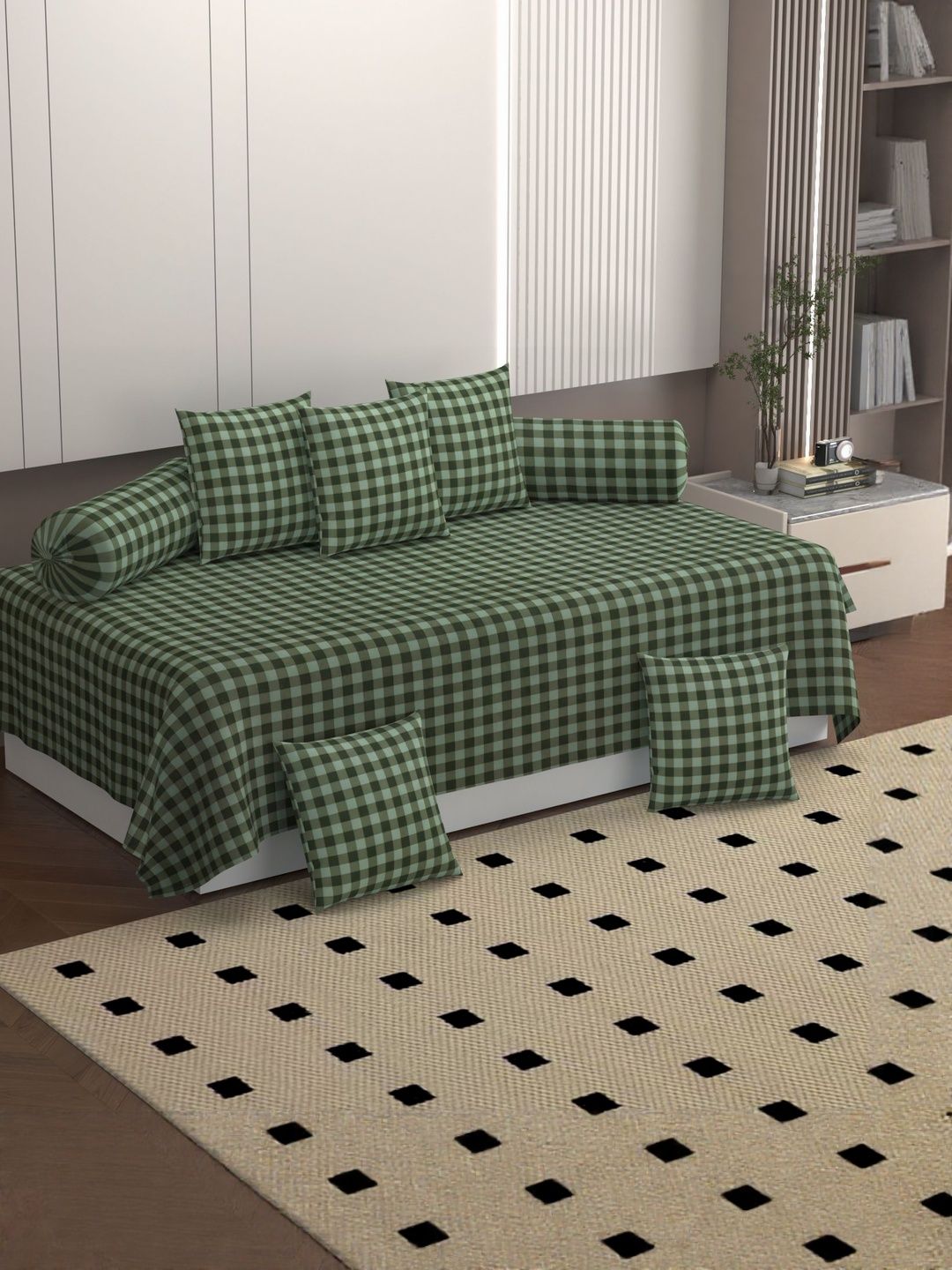 Bromwick 8-Pcs Green Checked 250TC Bedsheet with Bolster and Cushion Covers Diwan Set