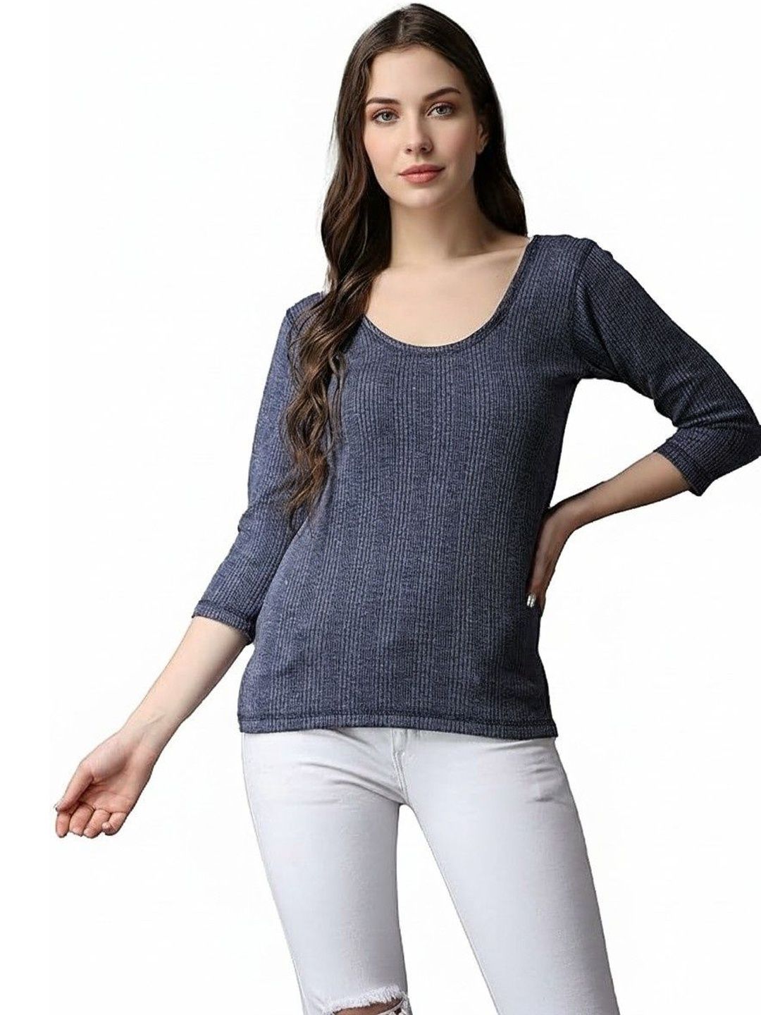 UNDERLOOP Striped Round Neck Thermal Tops