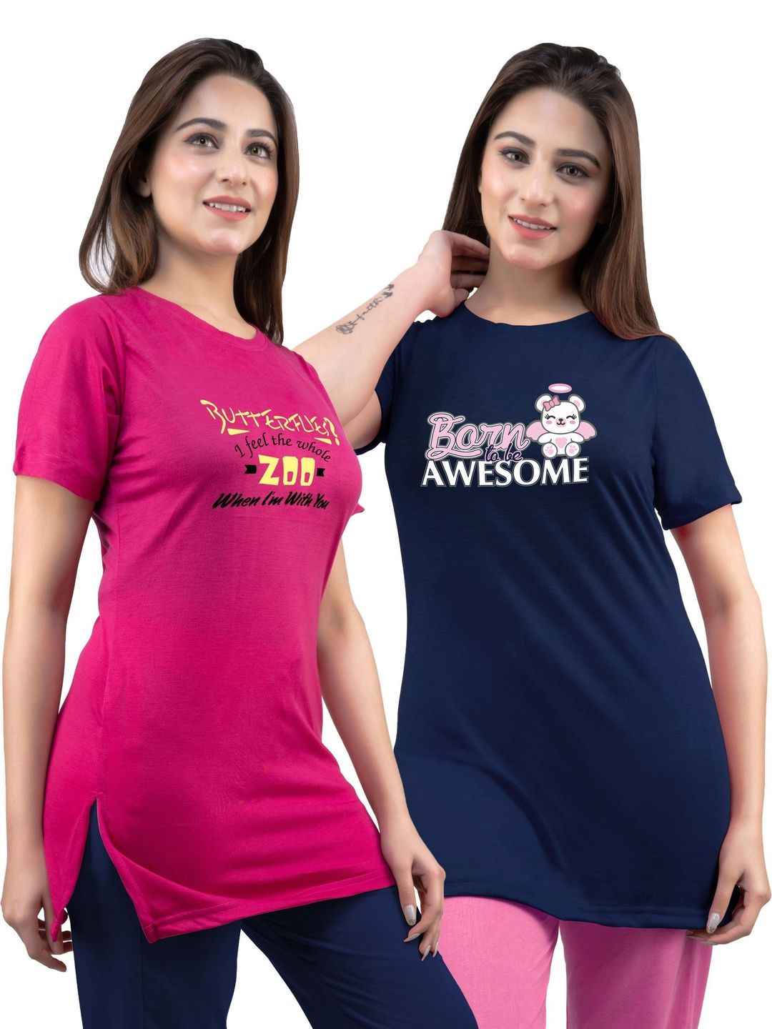 AMAHA FASHIONS Women Pack Of 2 Graphic Printed Cotton Lounge Tshirts