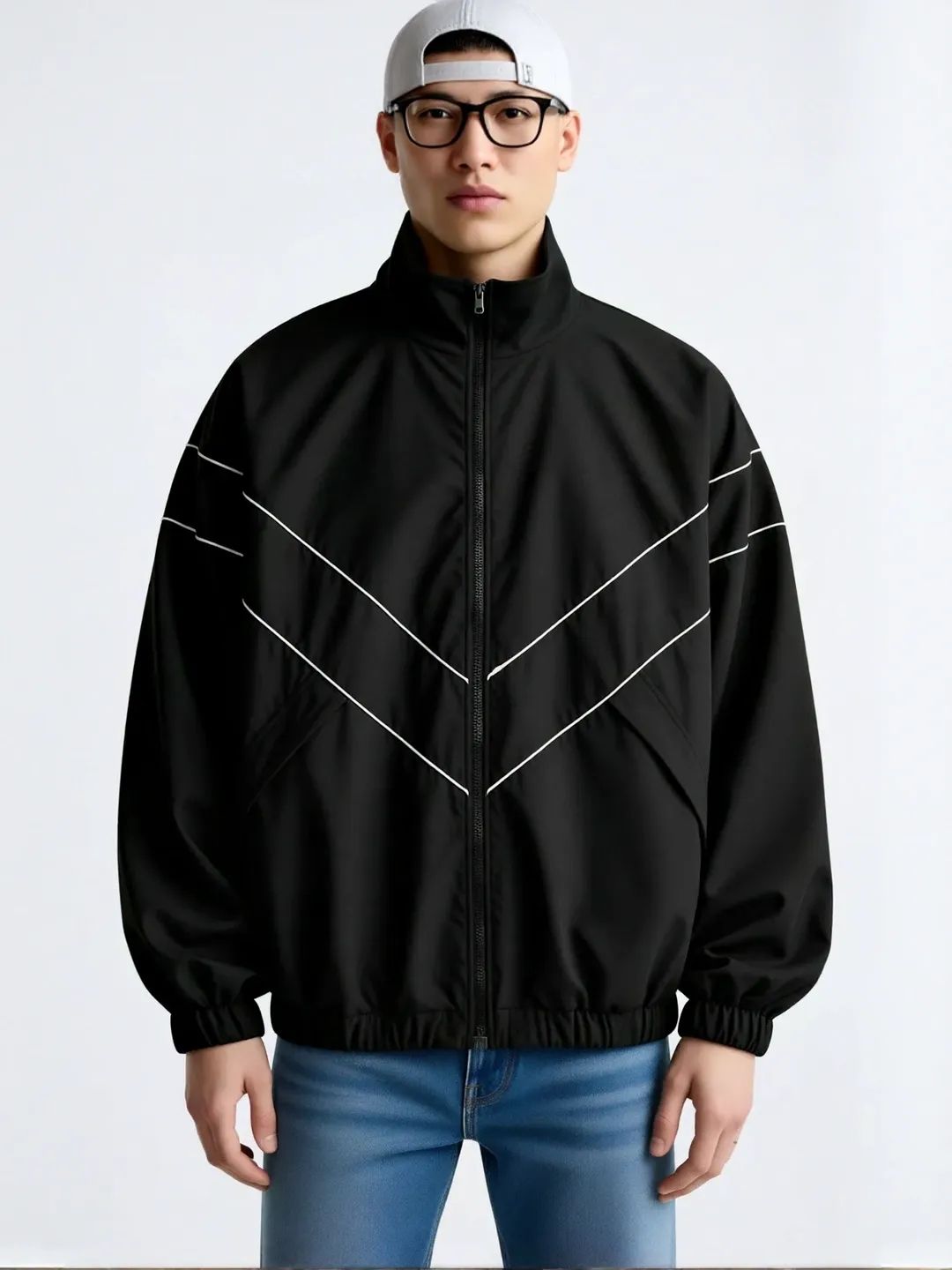 HERE&NOW Men Mock Collar Striped Casual Bomber Jacket