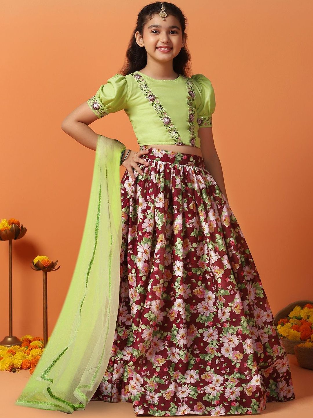 FASHION DREAM Girls Embroidered Thread Work Ready to Wear Lehenga & Blouse With Dupatta