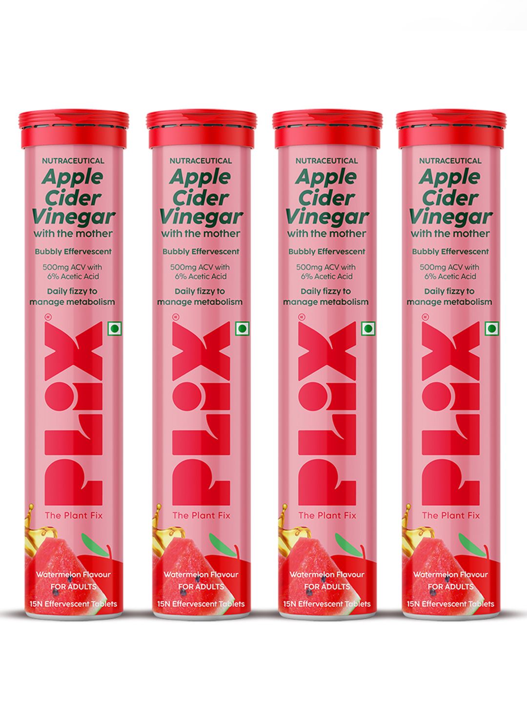 PLIX THE PLANT FIX Set Of 4 Apple Cider Vinegar Tablet - Watermelon Flavour - 15 Tabs Each