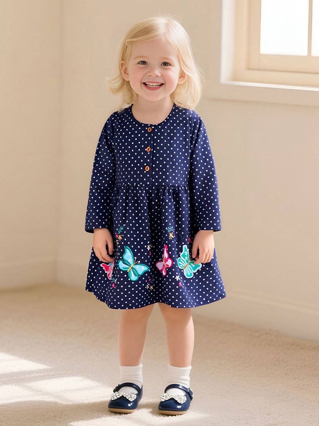 INCLUD Girls Polka Dot Printed Round Neck Fit & Flare Dress