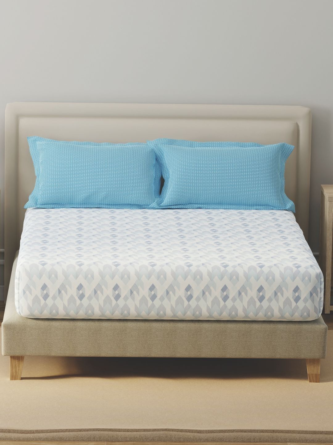 Pure Cotton Queen Bedsheet Layers BasicX Blue Geometric Pure Cotton 120 TC Queen Bedsheet & Pillow Covers-100" x 88"