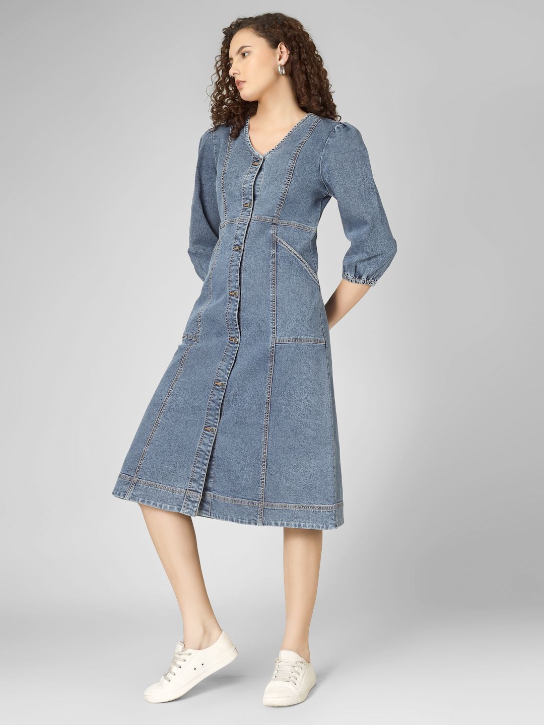 Buy COSMIC TRIO V-Neck Puff Sleeve Denim A-Line Midi Dress