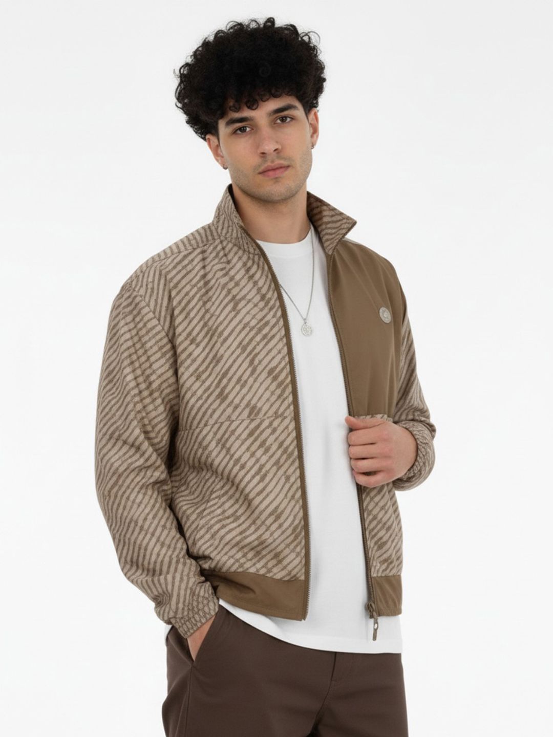 glitchez Abstract Print Mock Collar Oversized Windcheater Bomber Jacket