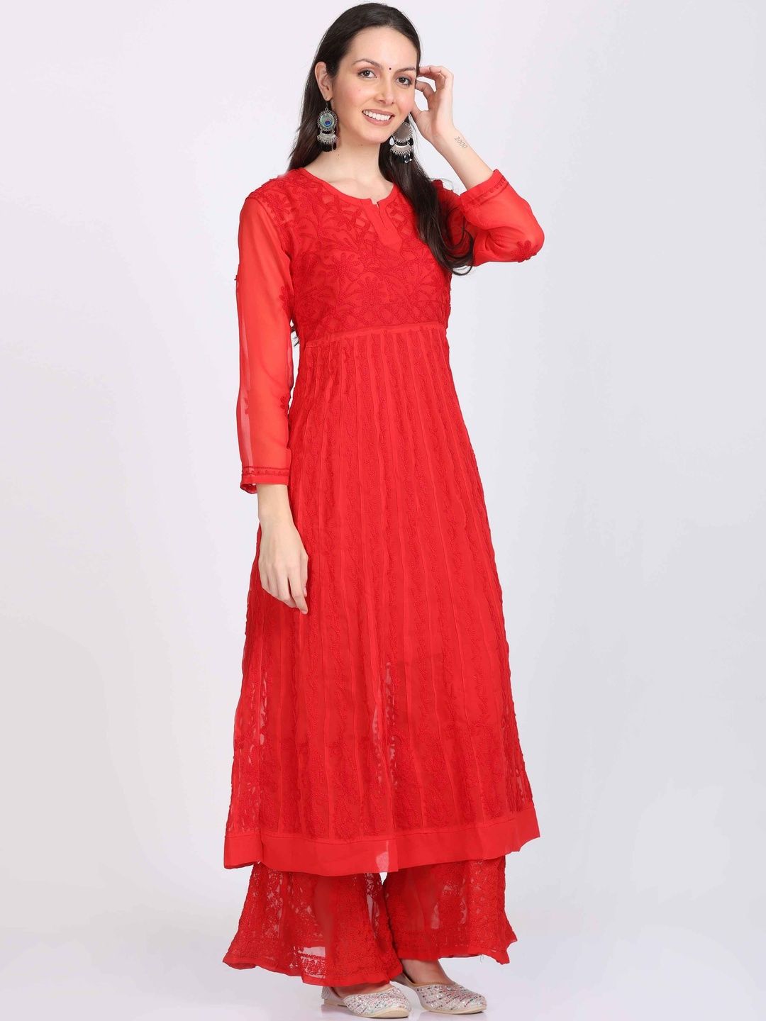 KHAKA Ethnic Motifs Embroidered Panelled Georgette Chikankari Kurta With Palazzos
