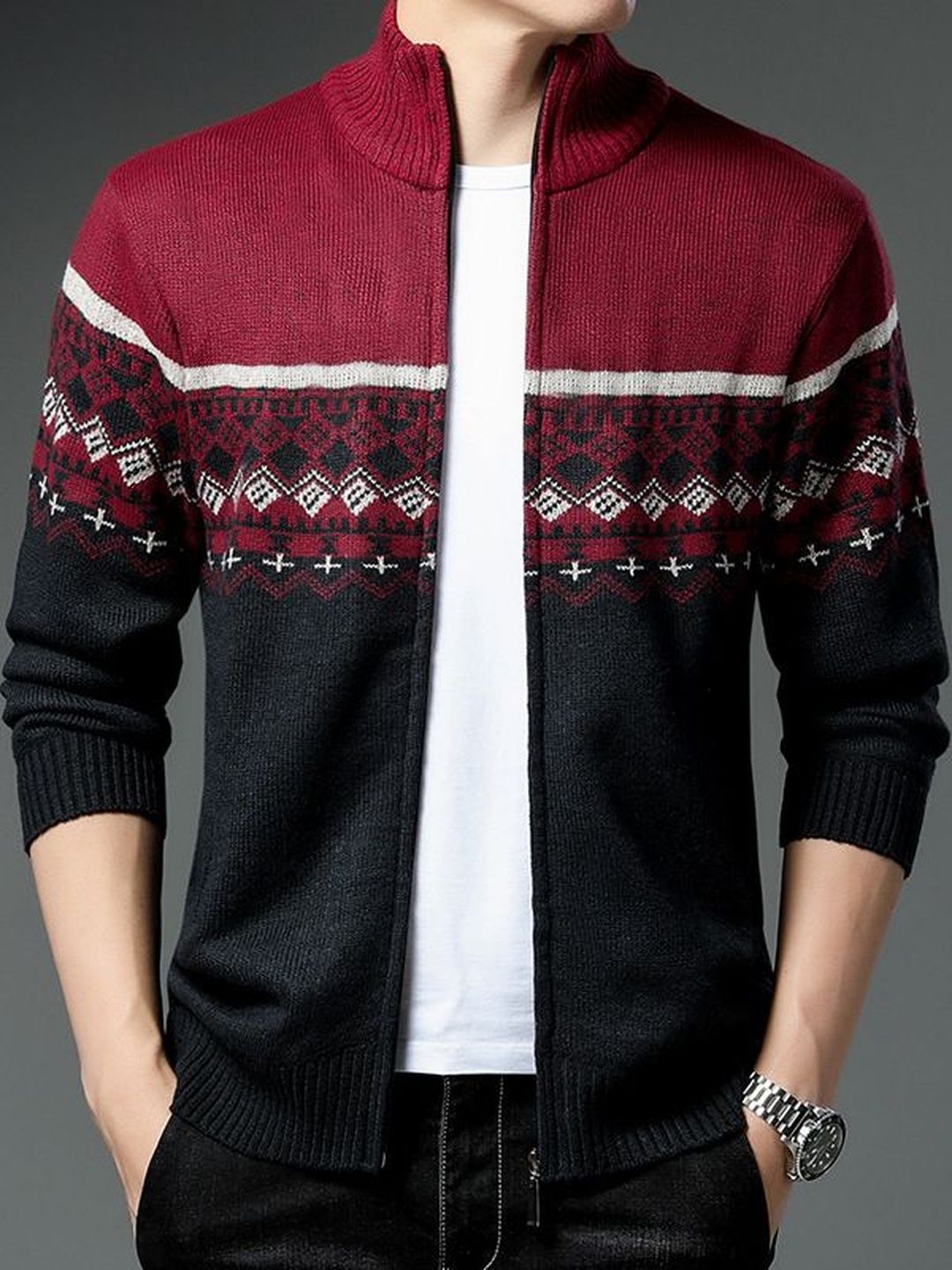 StyleCast x Revolte Geometric Printed Stand Collar Tailored Jacket