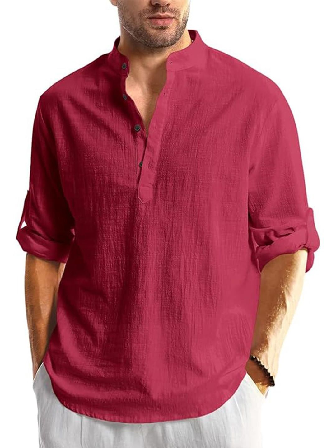 TrendiVastra Band Collar Roll-Up Sleeves Straight Kurta