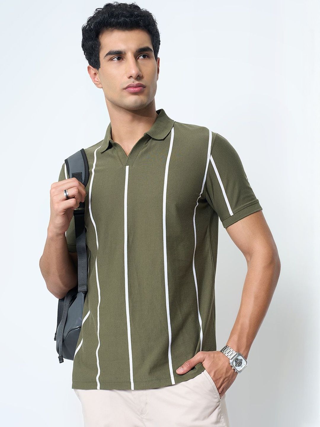 Peregrine by Pantaloons Striped Polo Collar Slim Fit Cotton T-shirt