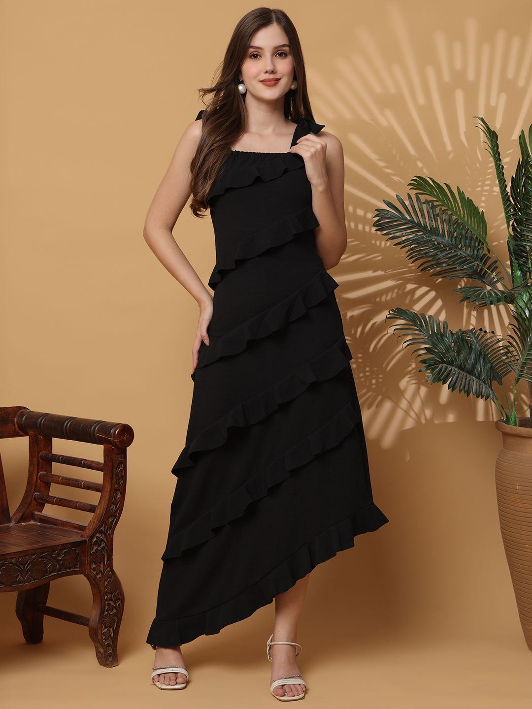 NEUDIS Ruffled Layered Asymmetric Hem Bodycon Maxi Dress