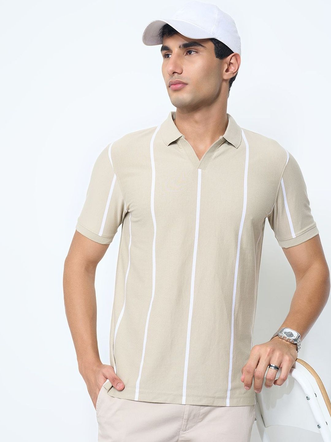 Peregrine by Pantaloons Striped Polo Collar Slim Fit Cotton T-shirt