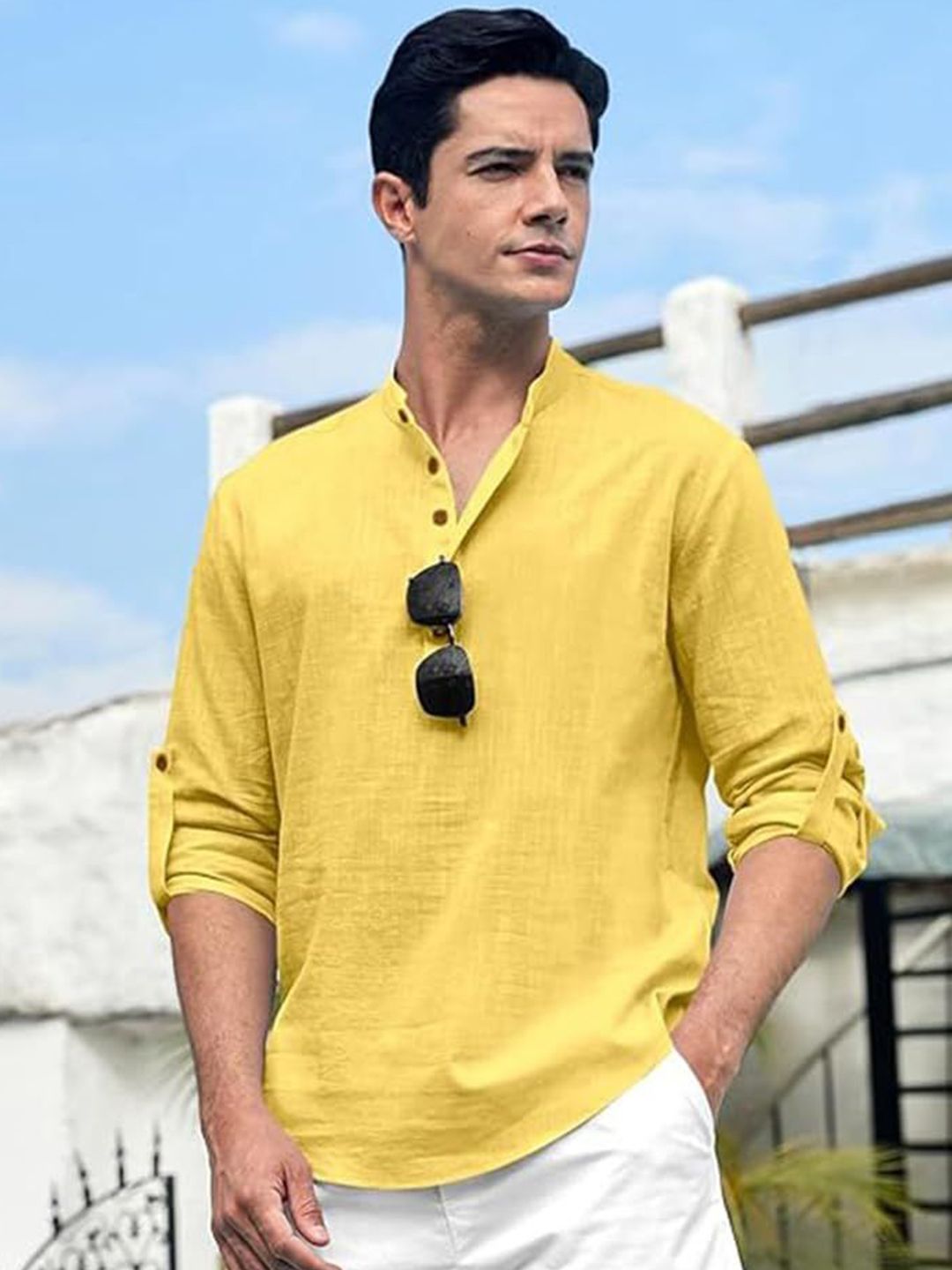 TrendiVastra Mandarin Collar Roll-Up Sleeves Straight Short Kurta
