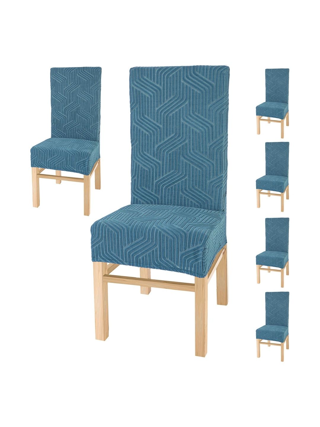 Yellow Weaves Teal-Blue 6 Pieces Textured Jacquard Stretchable Chair Covers