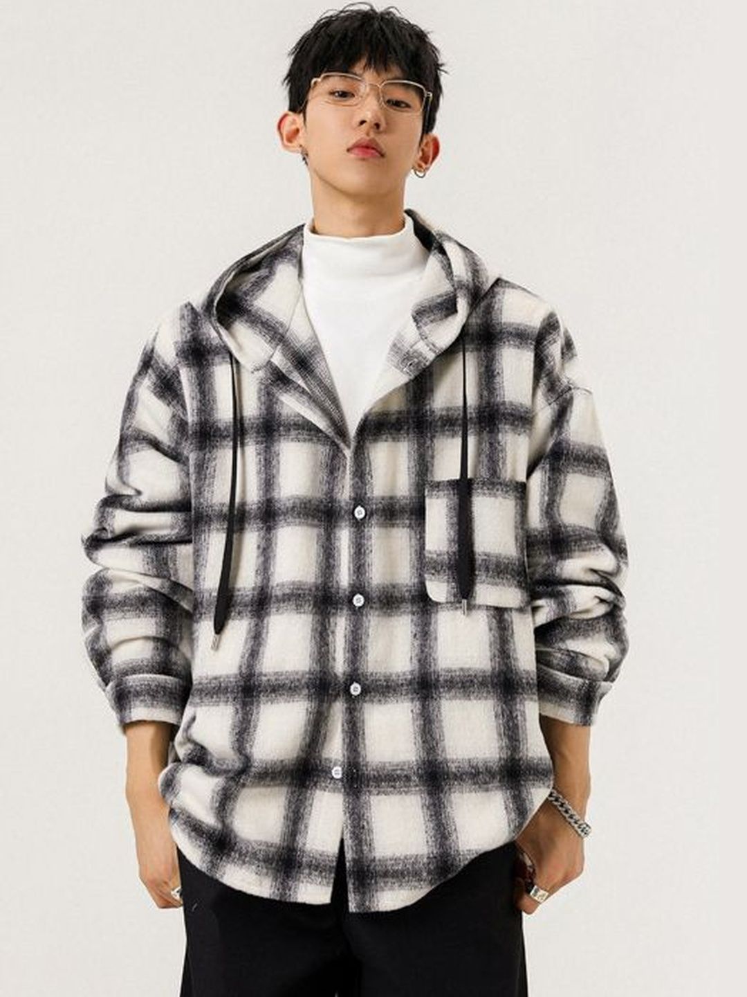StyleCast x Revolte Men White Ombre Checked Hooded Jacket