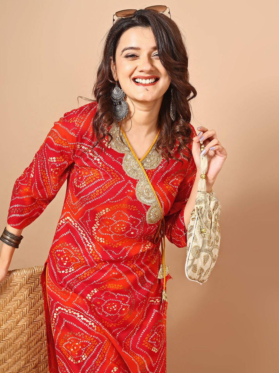 red bandhani dress Red Bandhani Dress Set in Pure Georgette fabric with Gota Lace on Sleeve