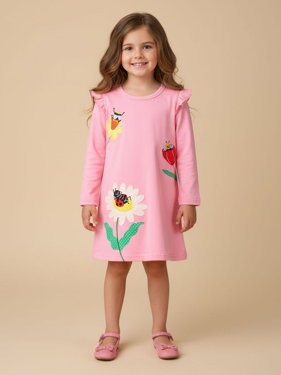 INCLUD Girls Embroidered Round Neck Full Sleeves A-Line Dress With Flowers Patch Applique